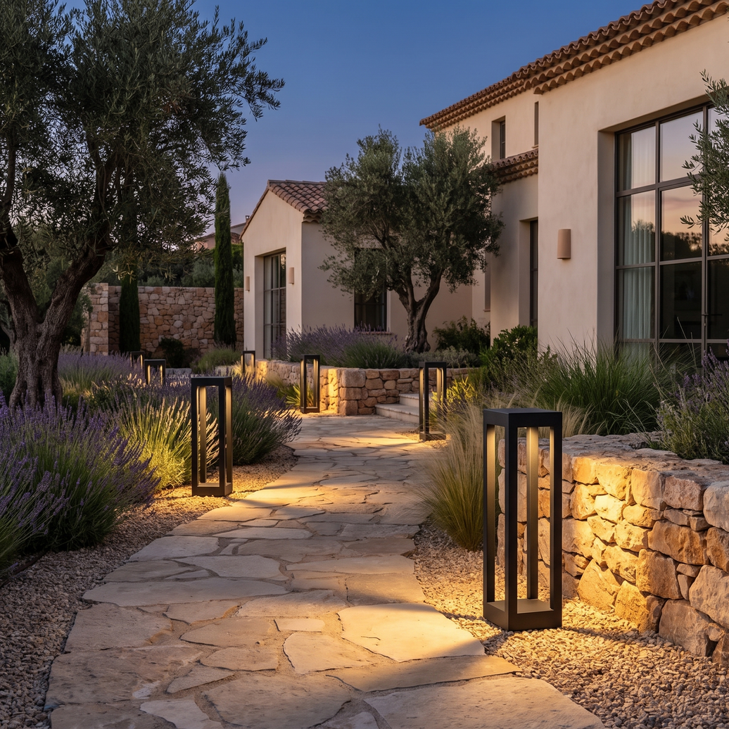 A run of Stelo bollard lights lighting a flagstone garden path at dusk
