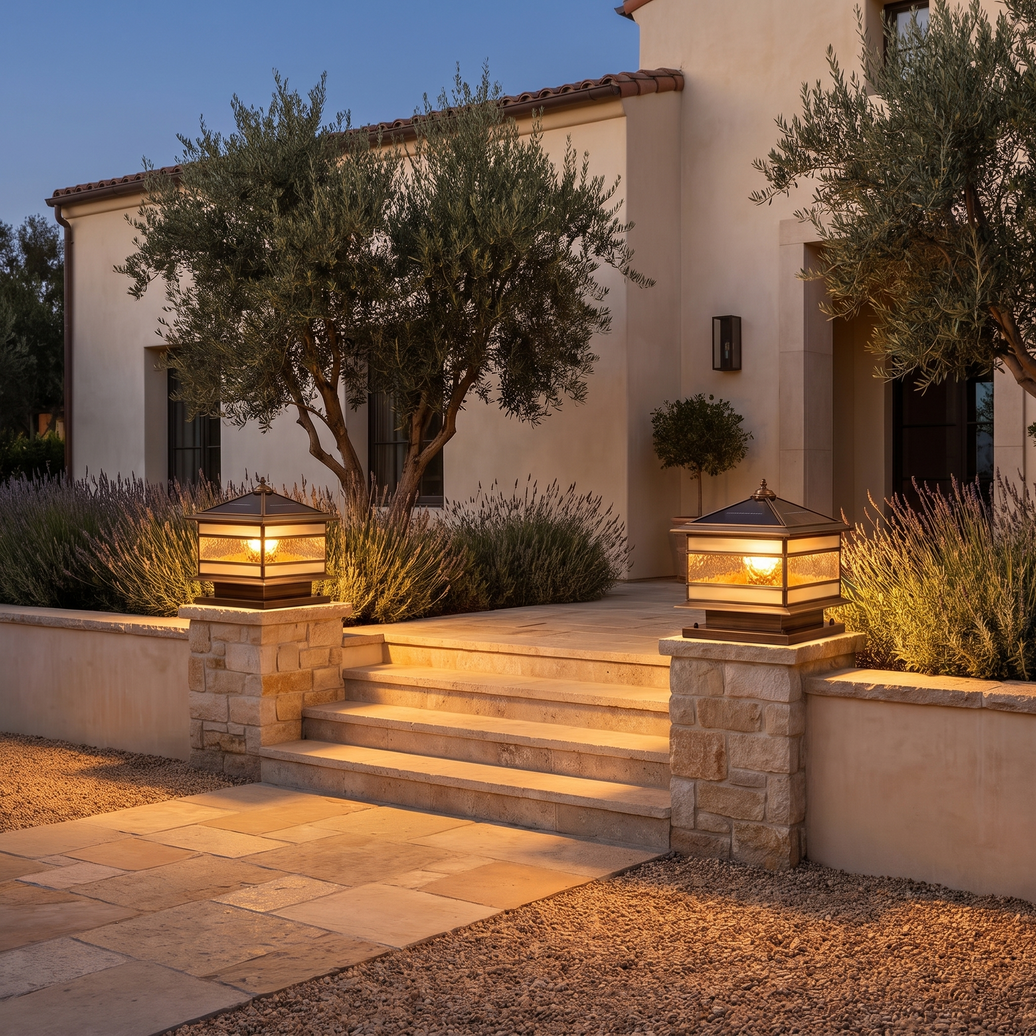 A pair of Rame copper pillar lanterns lighting travertine entrance steps at dusk