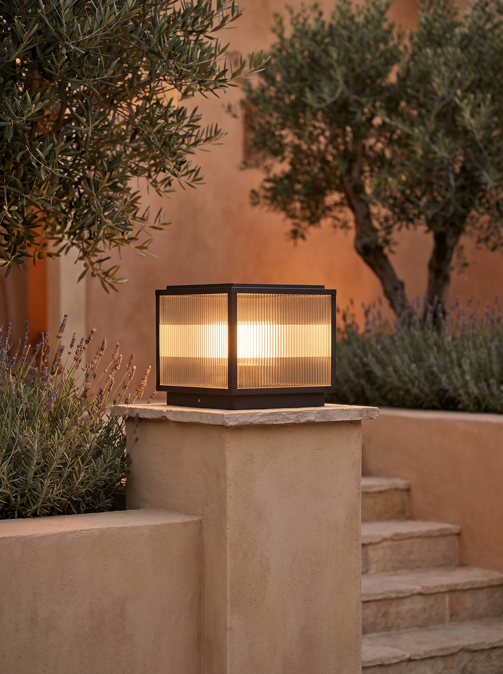 Rialto pillar light ribbed glass breaking warm light into soft even bands