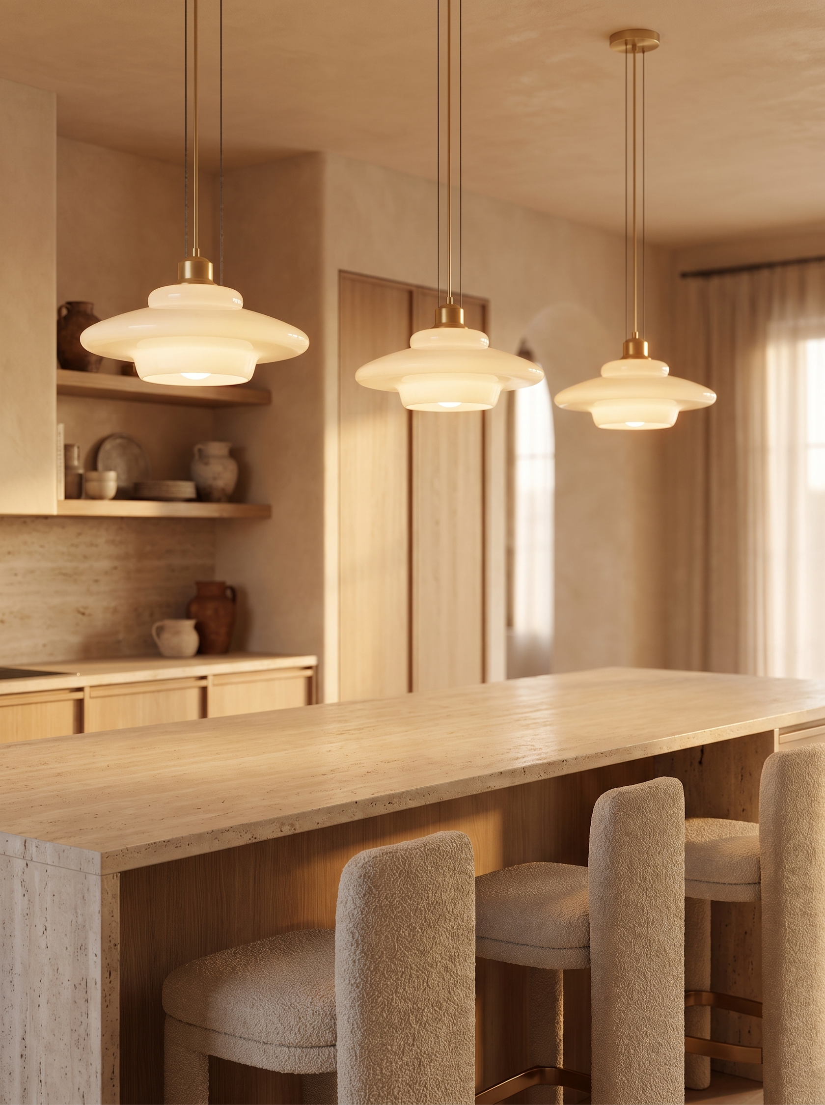 Three Lattea pendants in an even row above a long travertine kitchen counter