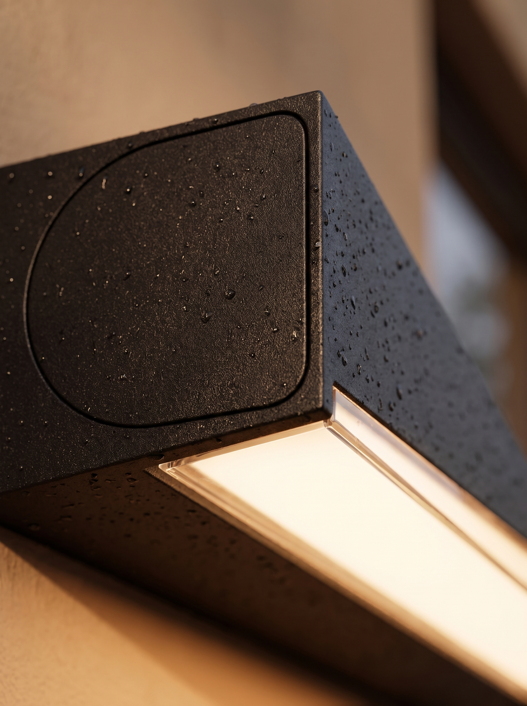 Macro detail of the Faro cast aluminum end cap and sealed glass join with rain beading on the finish