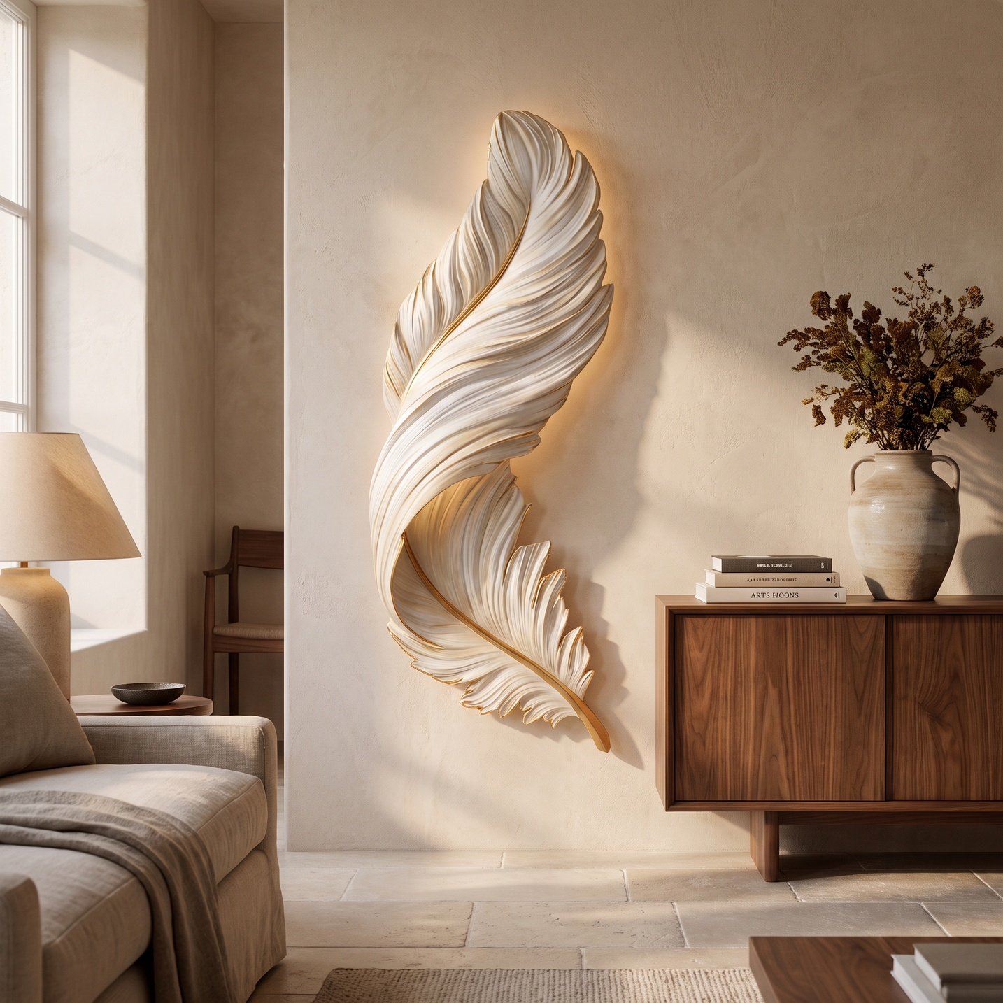 Lumiere Feather Wall Sconce above a walnut console table