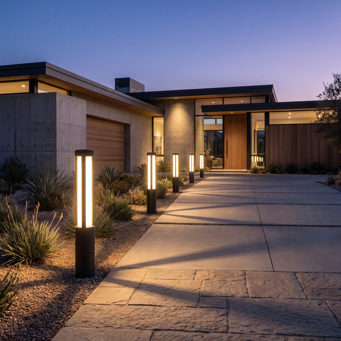 Aurelia Bollard Path Light along a driveway at dusk