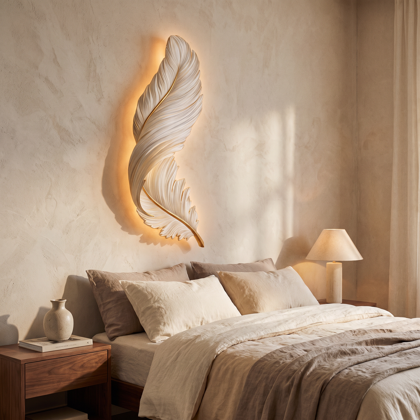 Lumiere Feather Wall Sconce beside a bed