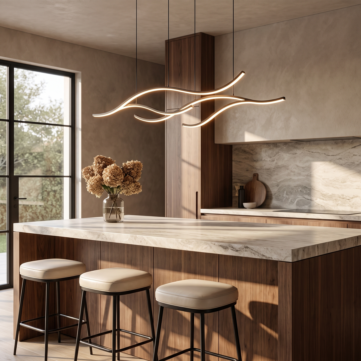 Onda Curved Pendant Light above a kitchen island