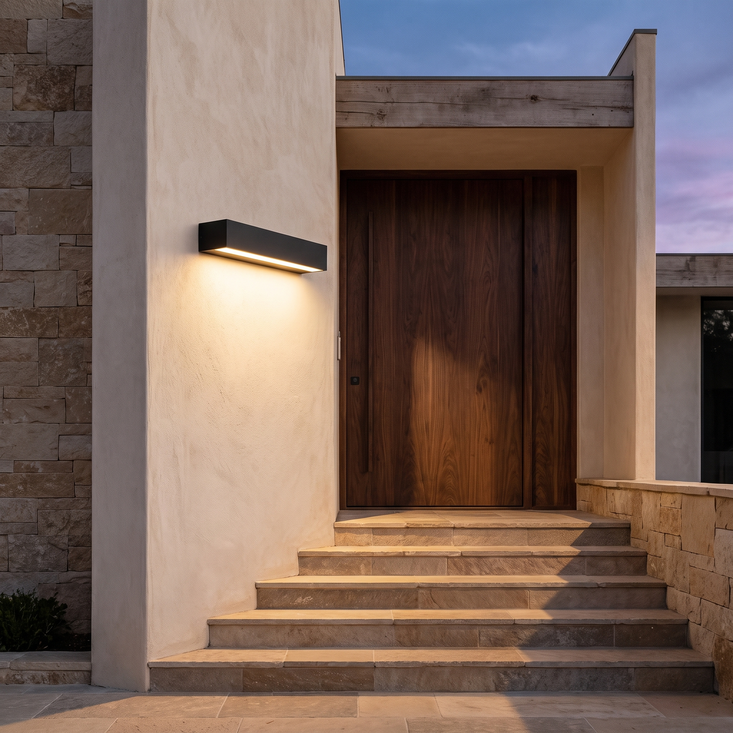 Faro Porch Light Fixture beside an entry door at dusk