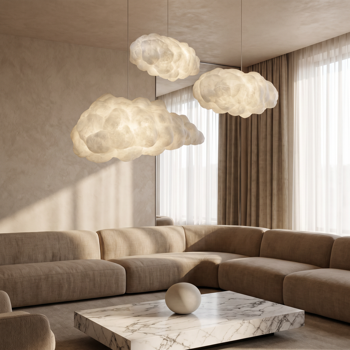 Nimbus Cloud Pendant Light above a marble coffee table