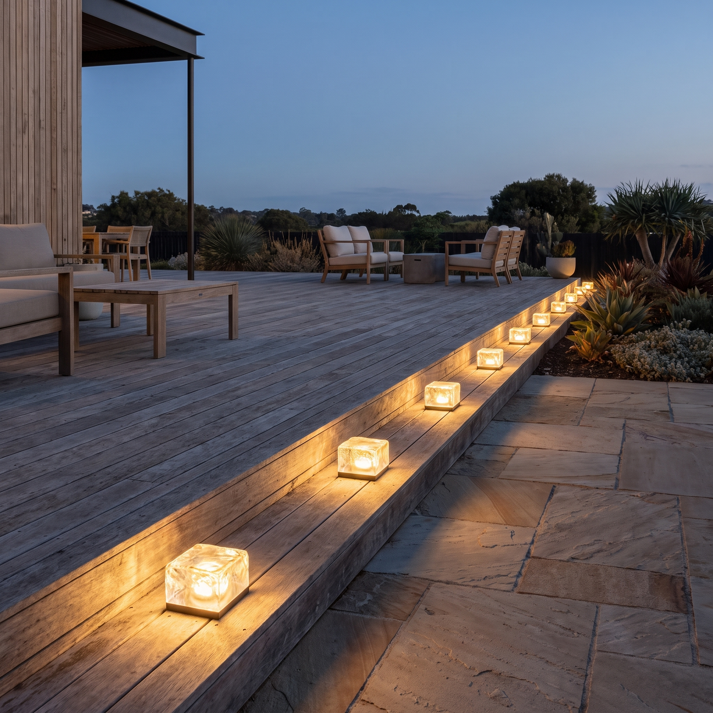 Glacia Ice Cube Step Lights along an outdoor deck at dusk