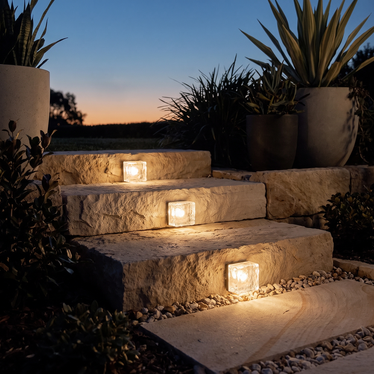 Glacia Ice Cube Step Light on outdoor steps at dusk
