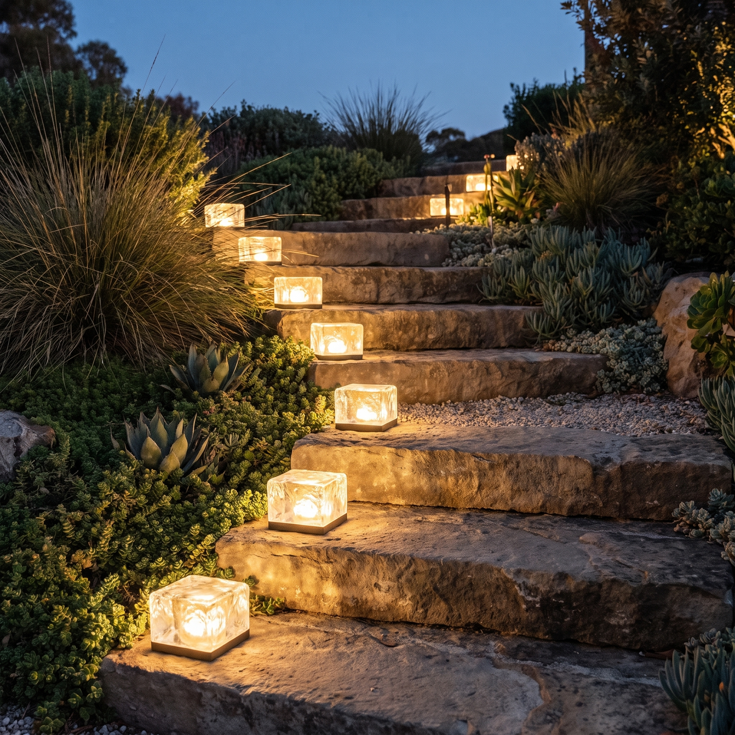 Glacia Ice Cube Step Lights lining a garden staircase