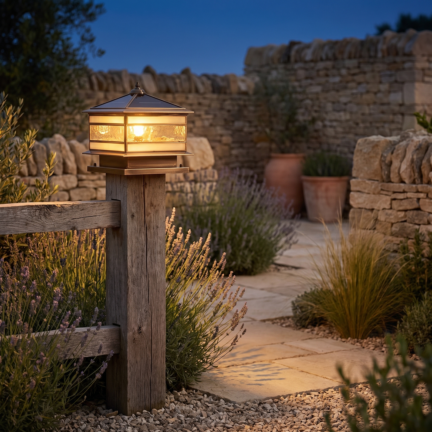 Rame copper pillar lantern on a timber fence post lighting a flagstone garden path at dusk