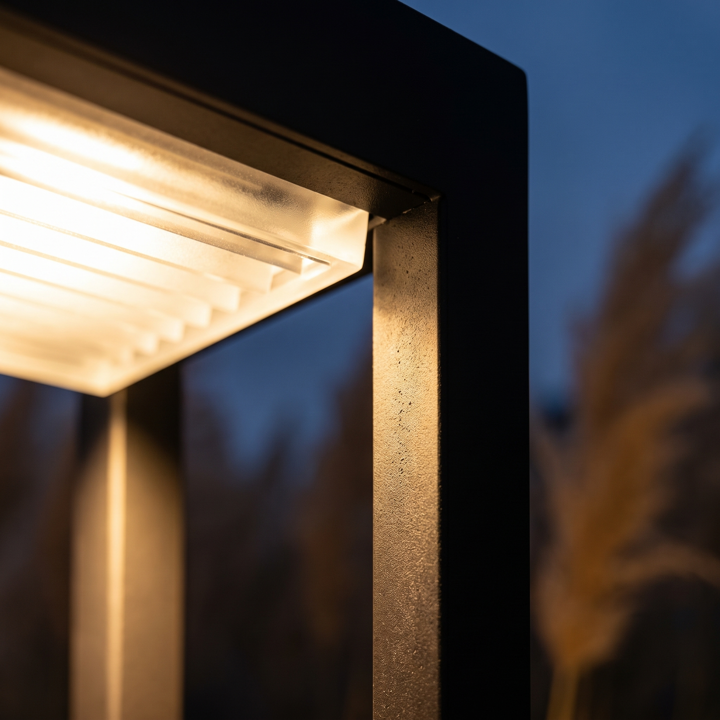 Macro detail of the illuminated warm white aperture on the Stelo bollard light