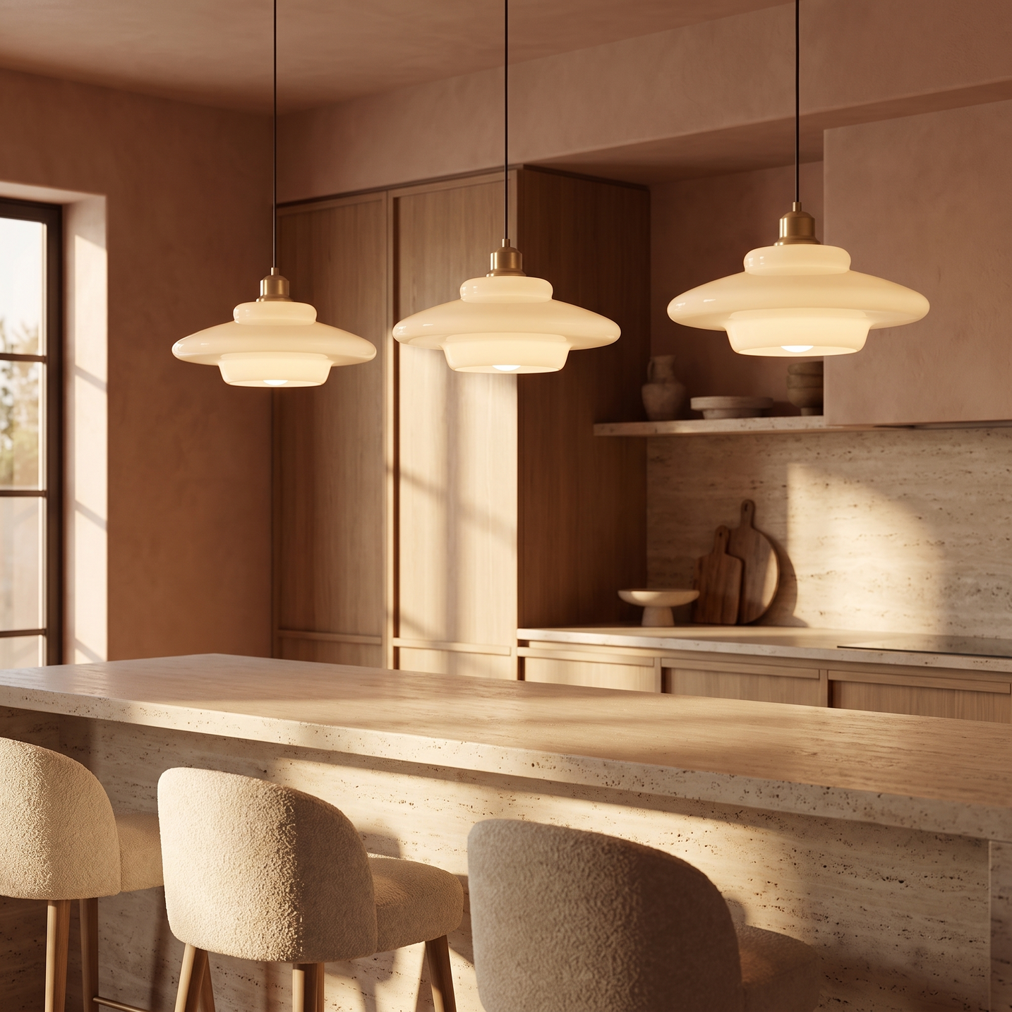 A row of three Lattea milk glass pendants above a travertine kitchen counter