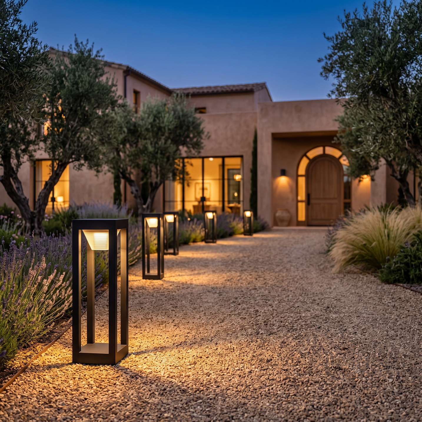 Stelo bollard lights lining a gravel driveway to a modern villa entrance at dusk