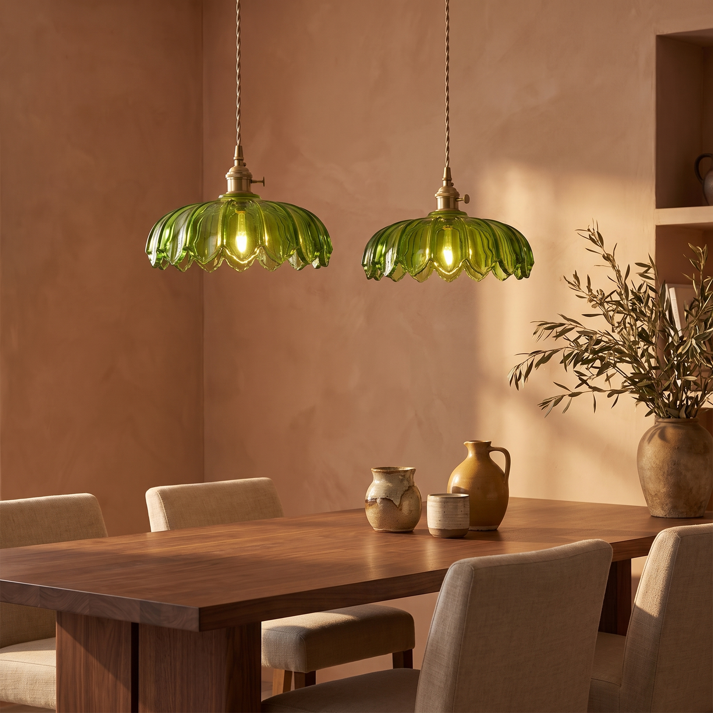 A pair of Fiora green glass flower pendants above a walnut dining table