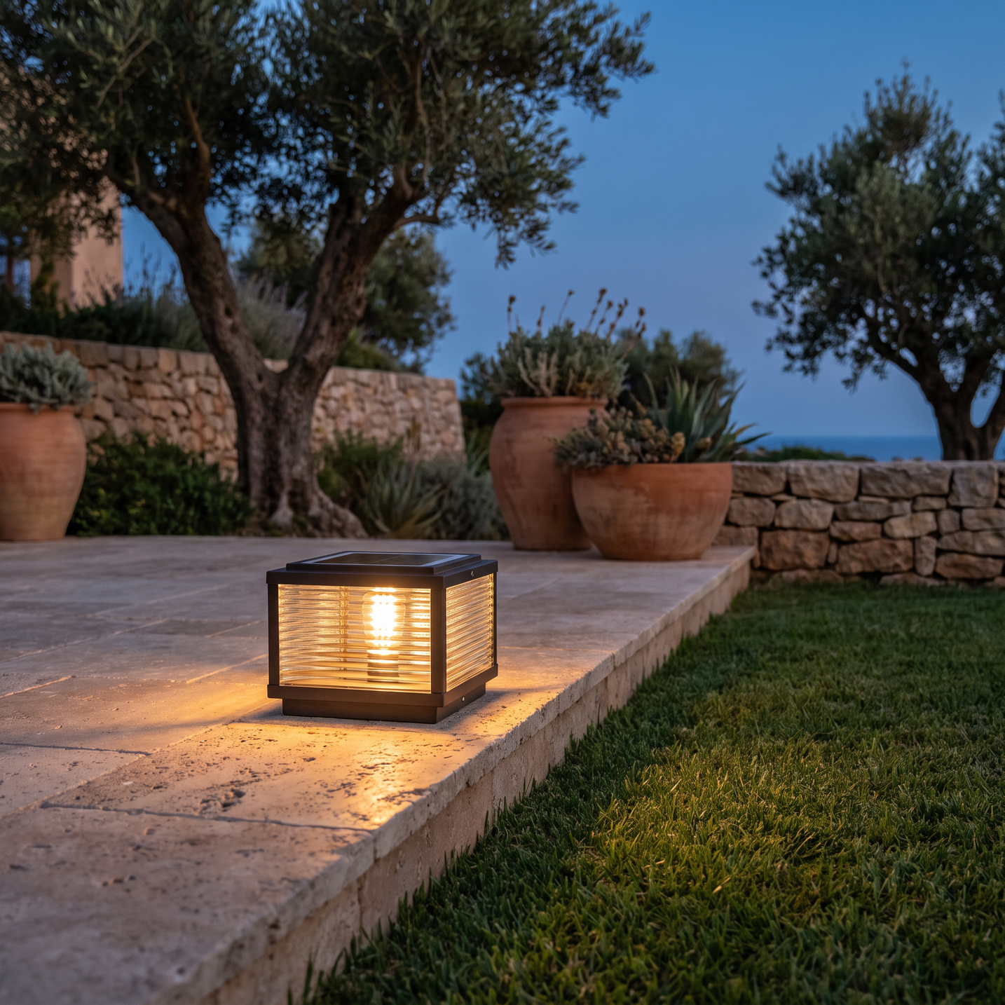 Rialto ribbed glass pillar light on a travertine terrace step at the edge of a lawn at dusk