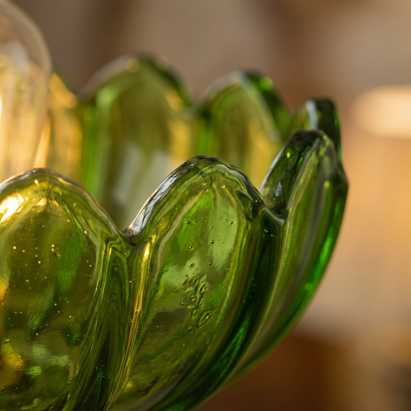 Macro detail of the scalloped petal edges and colour depth of the Fiora glass shade
