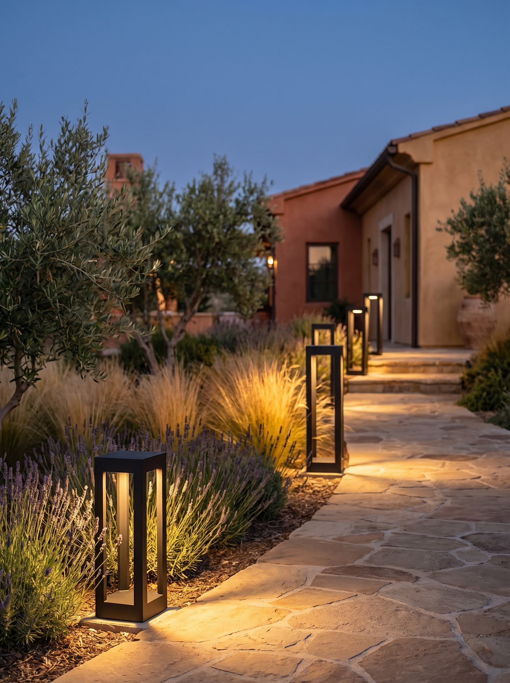 Stelo bollard lights at different heights forming a stepped garden lighting scheme