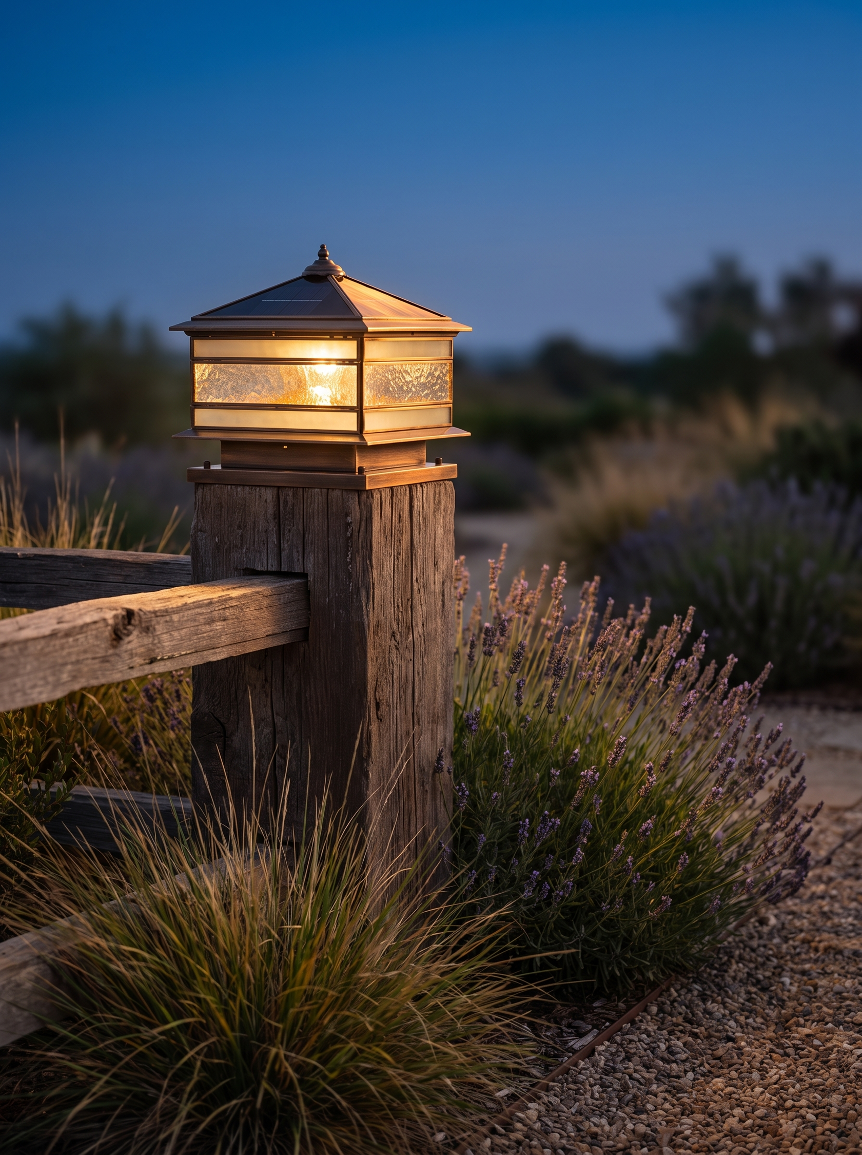 Rame copper pillar lantern on a timber fence post with no wiring at dusk
