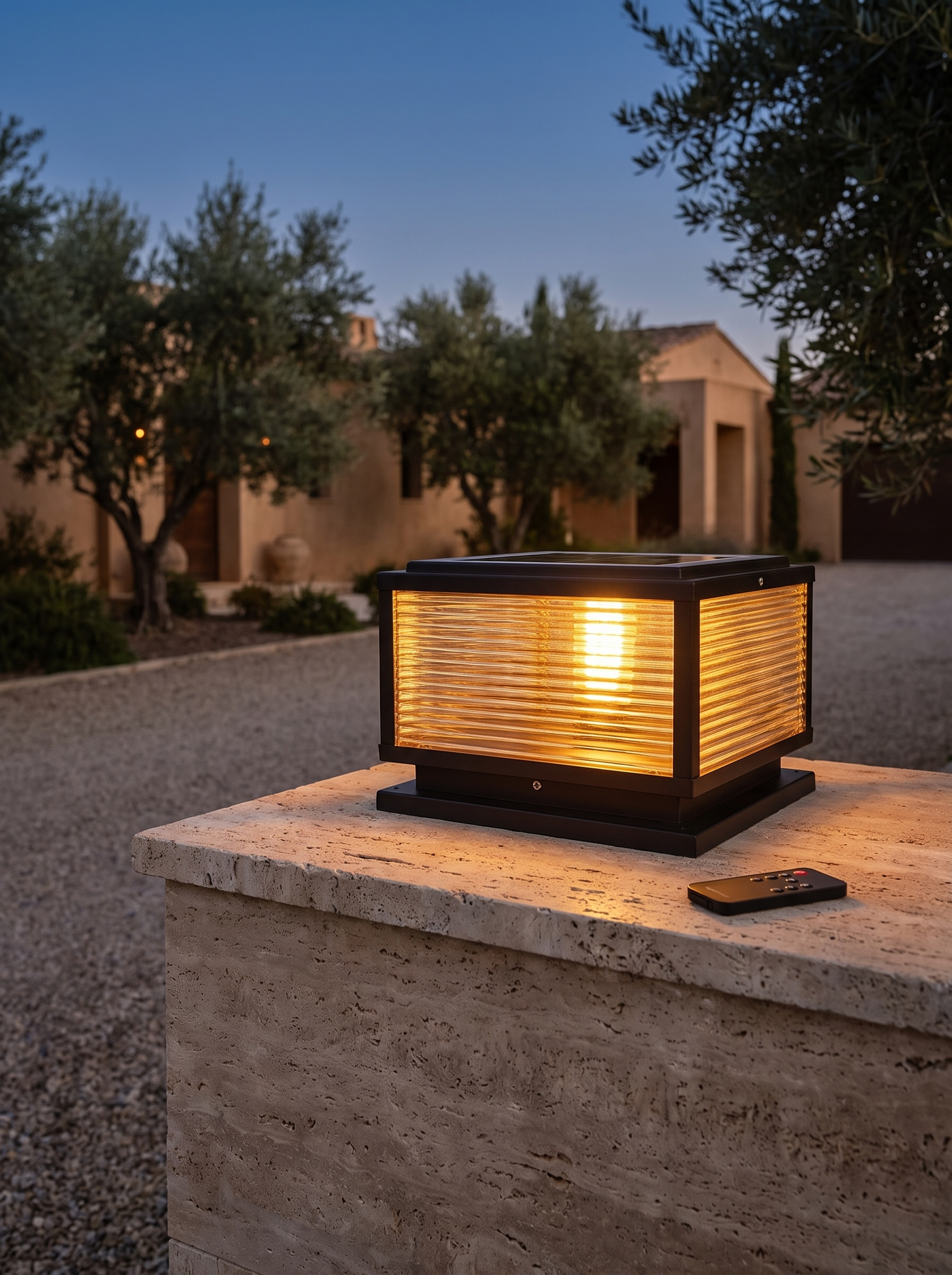 Rialto pillar light glowing warm amber at dusk with its remote on the stone beside it