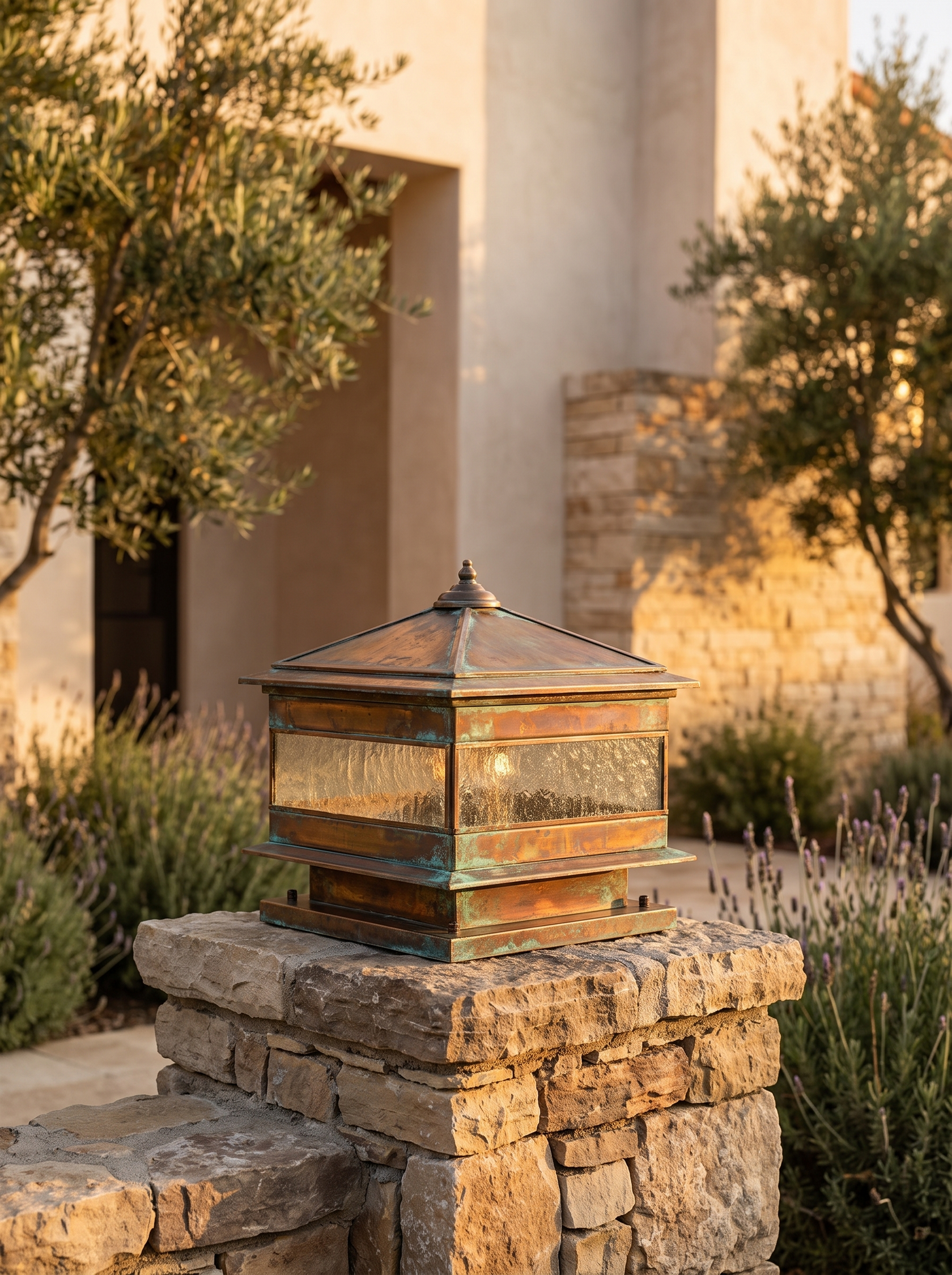 Rame copper pillar lantern brass patina in warm late afternoon sun