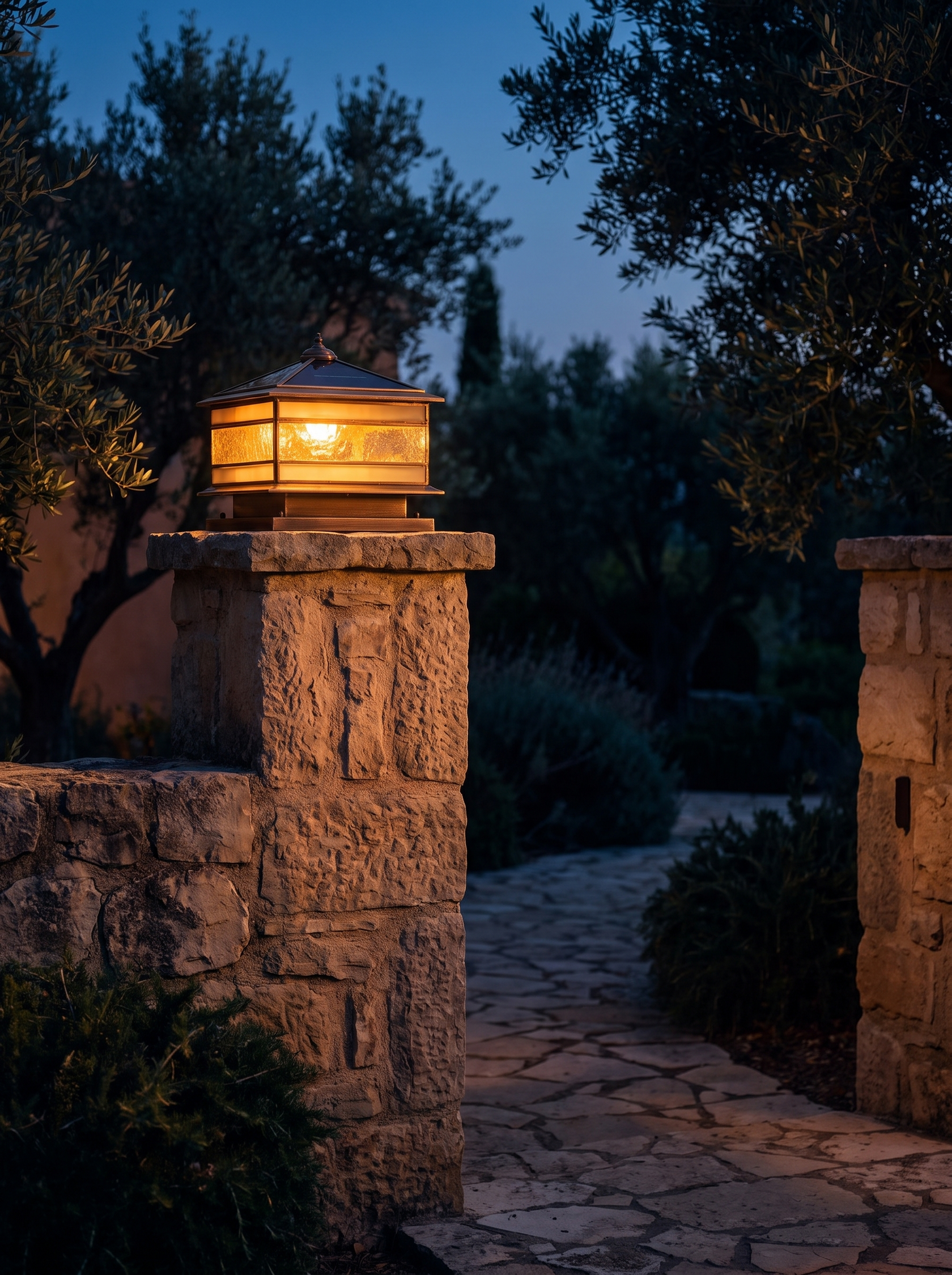 Rame copper pillar lantern glowing warm amber on a stone gate pillar at deep dusk
