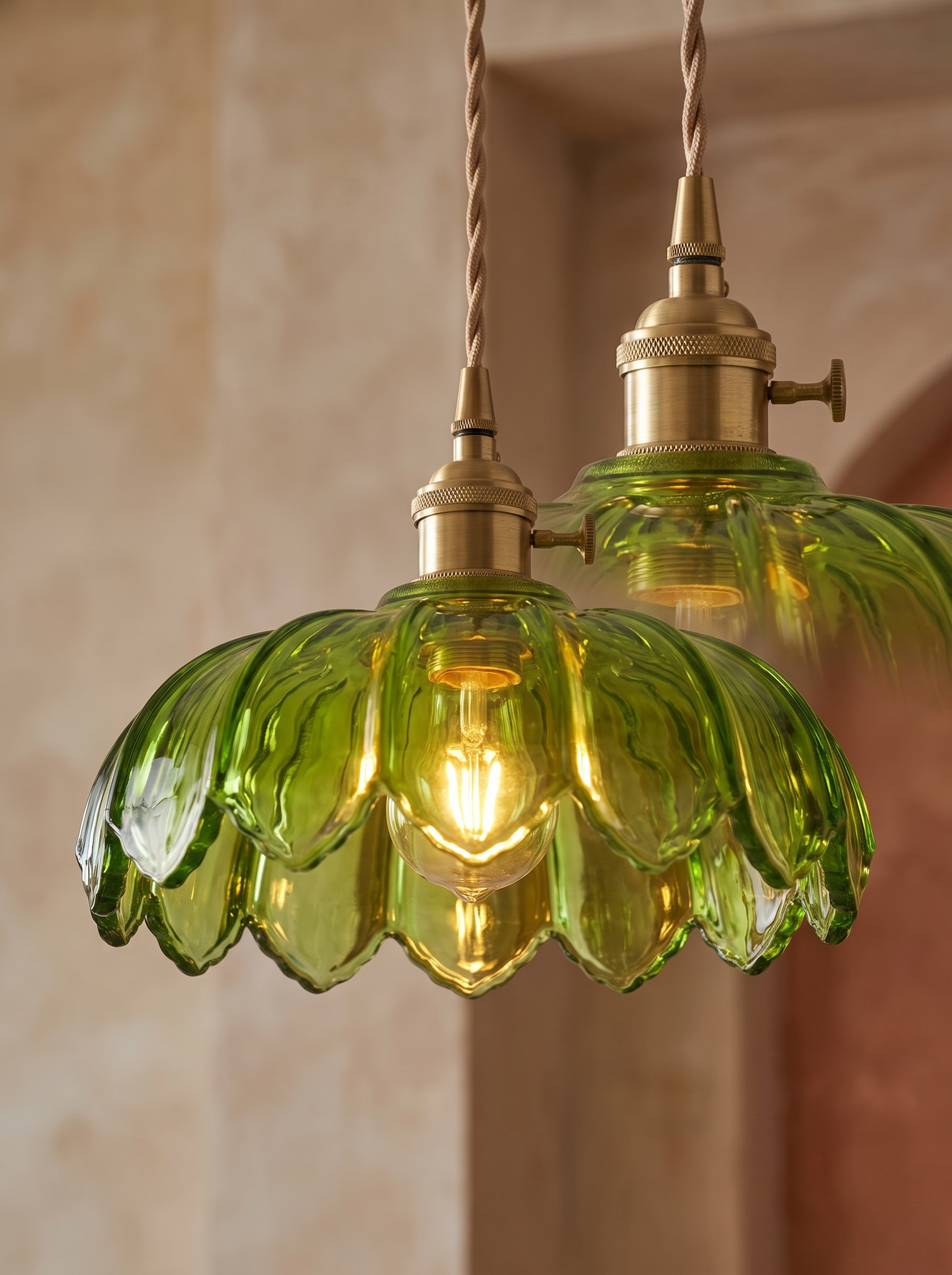 Fiora pendant showing the standard brass screw socket inside the glass shade