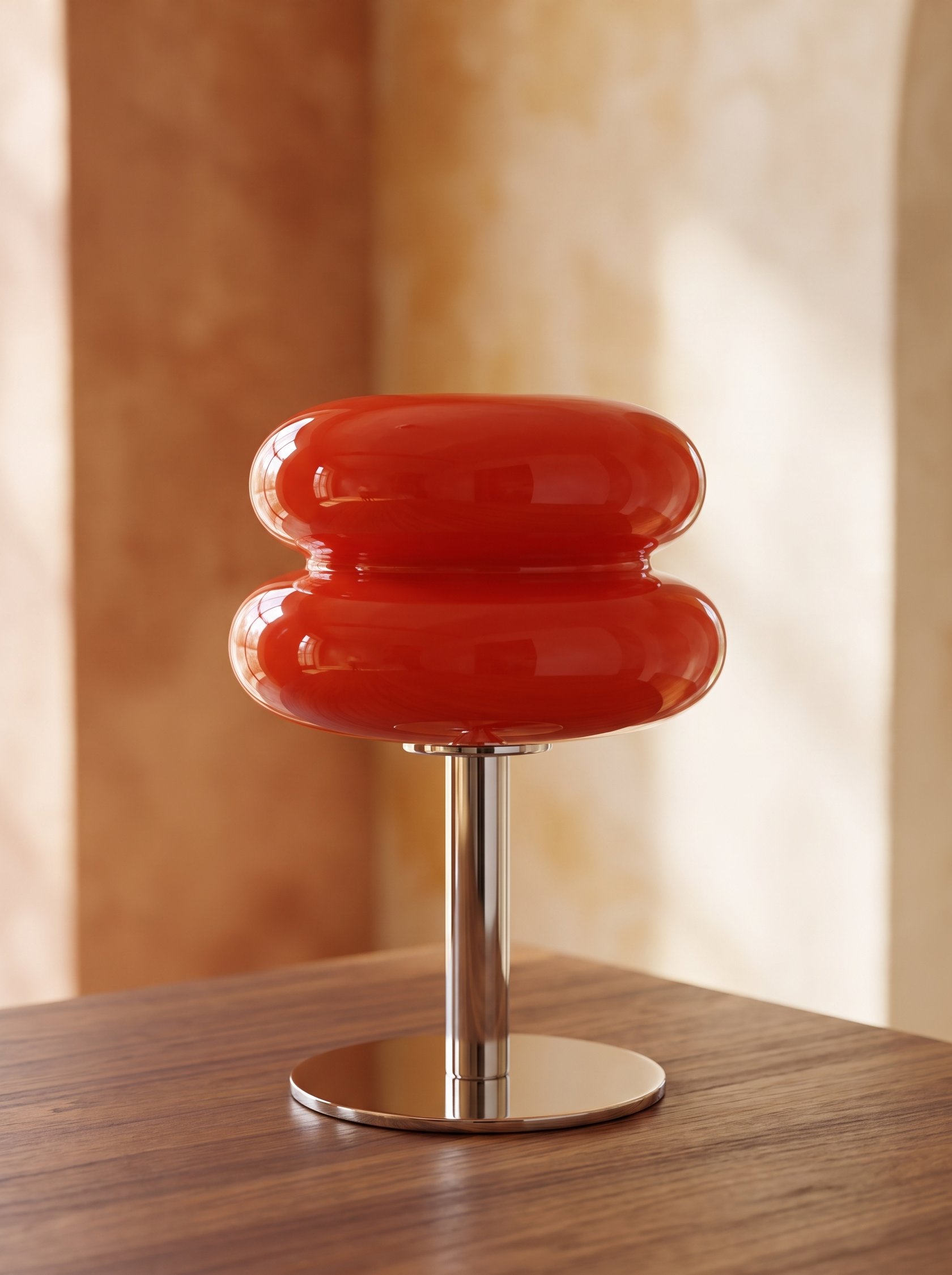 Bellona table lamp unlit in daylight showing glossy glass against polished chrome