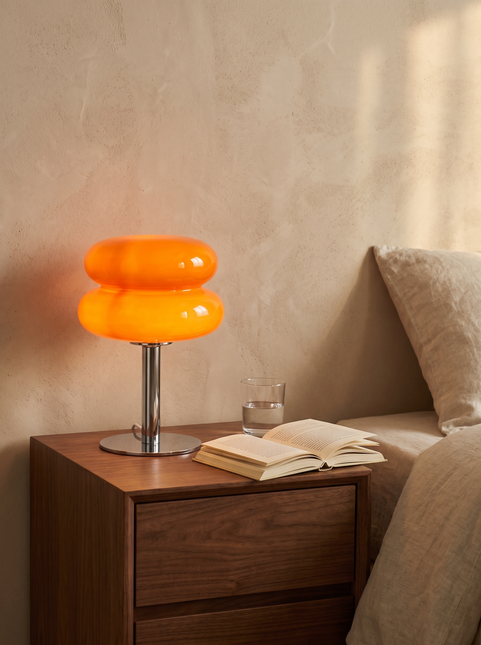 Bellona table lamp on a bedside table with a book and glass and space to spare